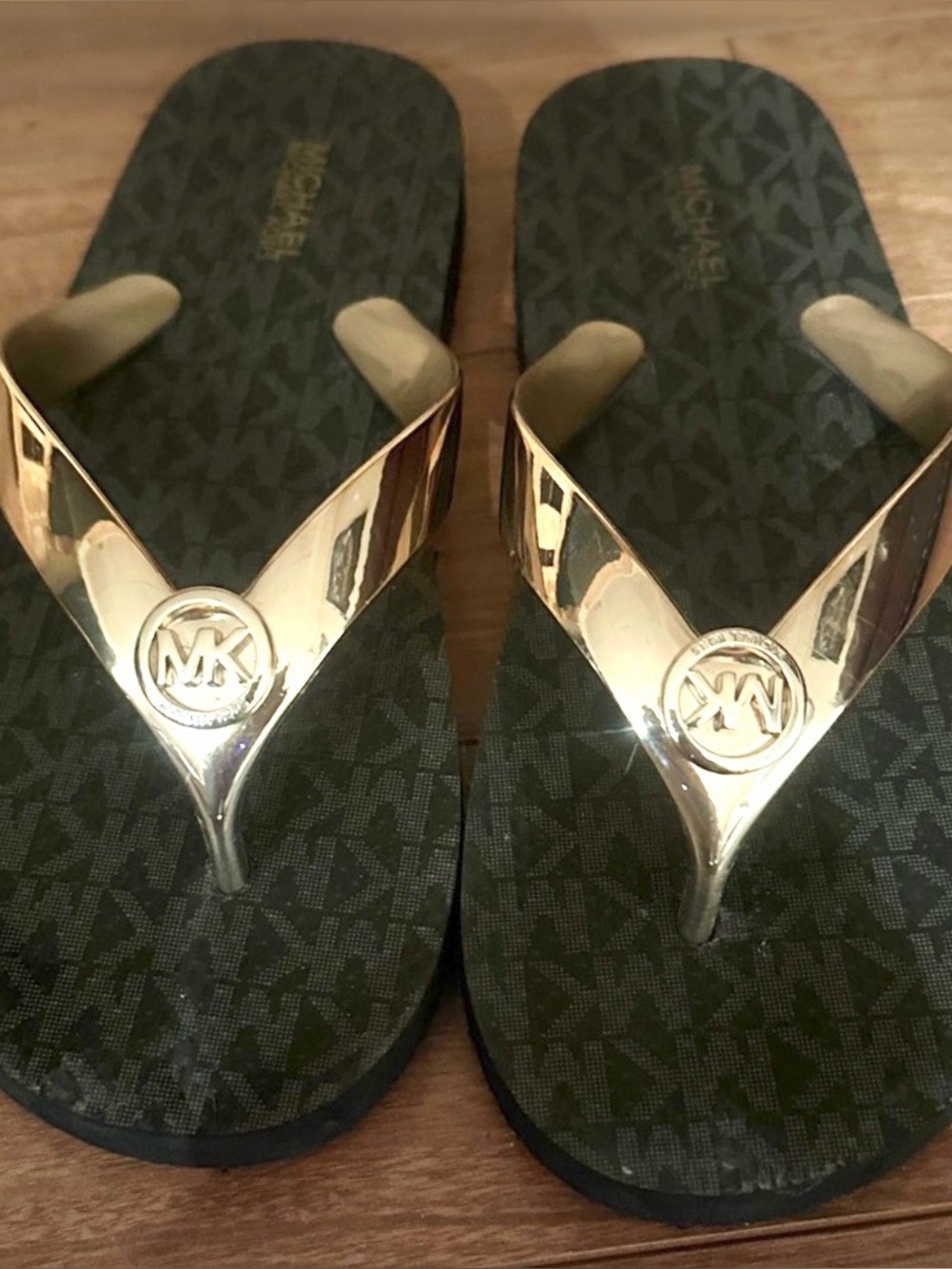 Michael Kors Black Flip Flops with Gold Straps